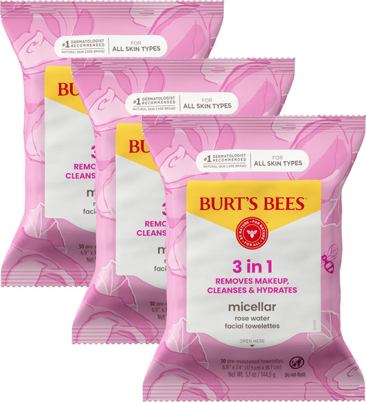 Burt’s Bees Micellar Rose Water Facial Towelettes, 100% Plant Based Cloth; 99% Natural Origin; Remove Makeup, Cleanse, Hydrate; No Oily Residue; All Skin Types; 30 Ct, Pack of 3 (Pack May Vary) - Maple Wellness Supplements
