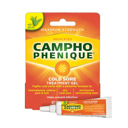 Campho Phenique Cold Sore and Fever Blister Treatment for Lips, Maximum Strength Provides Instant Relief, Helps Prevent Infection To Promote Healing, Original Gel Formula, 0.23 Oz - Maple Wellness Supplements