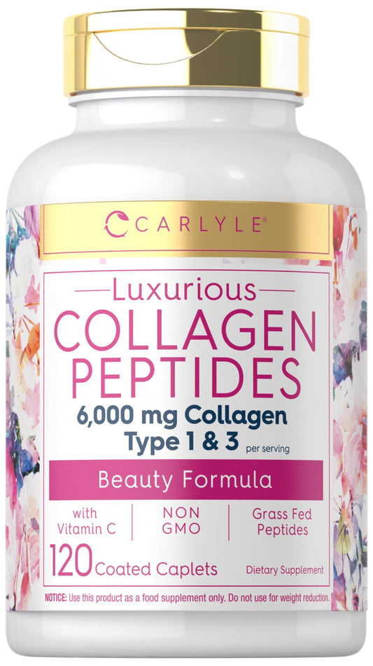 Carlyle Collagen Peptides with Vitamin C | 6000mg | 120 Caplets | Grass Fed Type II & III | Beauty Formula | Non-GMO, Gluten Free Supplement - Maple Wellness Supplements