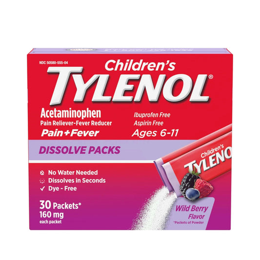 Children's Tylenol Dissolve Packs for Pain Relief, Fever Medication, 160 mg Acetaminophen, Dye Free, Kids' Powder Packets for Cold & Flu Symptom Relief; Wild Berry Flavor, 30 ct.; Pack of 1 - Maple Wellness Supplements