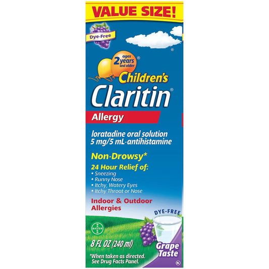 Claritin Children's Allergy Medicine, 24-Hour Non-Drowsy Loratadine 5mg, Antihistamine Liquid for Kids Aged 2 Years and Older, Grape Flavored, Dye-free, 8 fl oz. - Maple Wellness Supplements