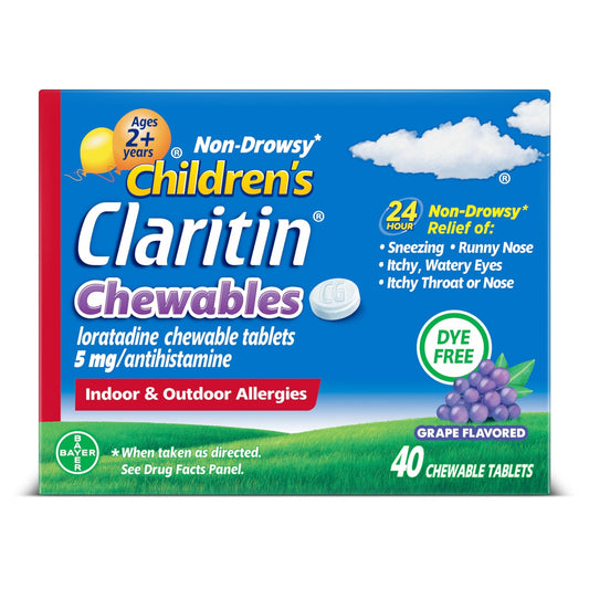 Claritin Children's Allergy Medicine, 24-Hour Non-Drowsy Loratadine 5mg Chewable Tablet, Antihistamine for Kids Ages 2 Years and Older, Grape Flavored, Dye-free, 40 Tablets - Maple Wellness Supplements