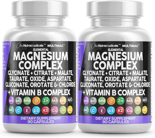 Clean Nutraceuticals Magnesium Complex with Magnesium Glycinate Citrate Malate Oxide Taurate Aspartate Orotate & Mag Chloride, Zinc Copper Manganese (90 Count (Pack of 2)) - Maple Wellness Supplements
