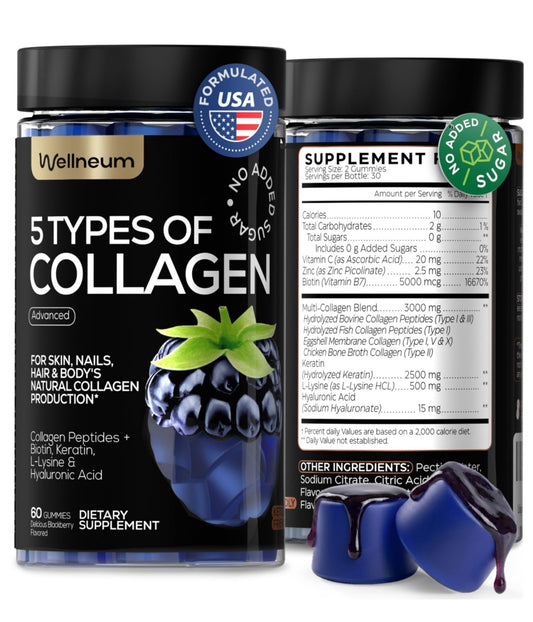Collagen Peptides Gummies Sugar Free 3000mg Multi Collagen Blend for Hair Skin & Nails Support + 2500mg Keratin + 5000mcg Biotin, Hyaluronic Acid, - Maple Wellness Supplements
