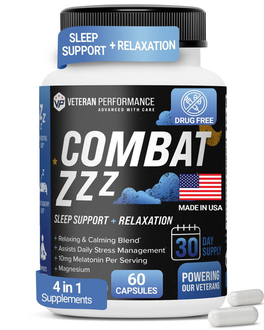 Combat ZZZ 4-in-1 Sleep Aid with Melatonin, Magnesium & L-Theanine – Non-Groggy Formula for Deep Sleep & Restful Recovery – Veteran-Founded, Made in USA (60 Capsules) | Sleep Aid for Adults - Maple Wellness Supplements