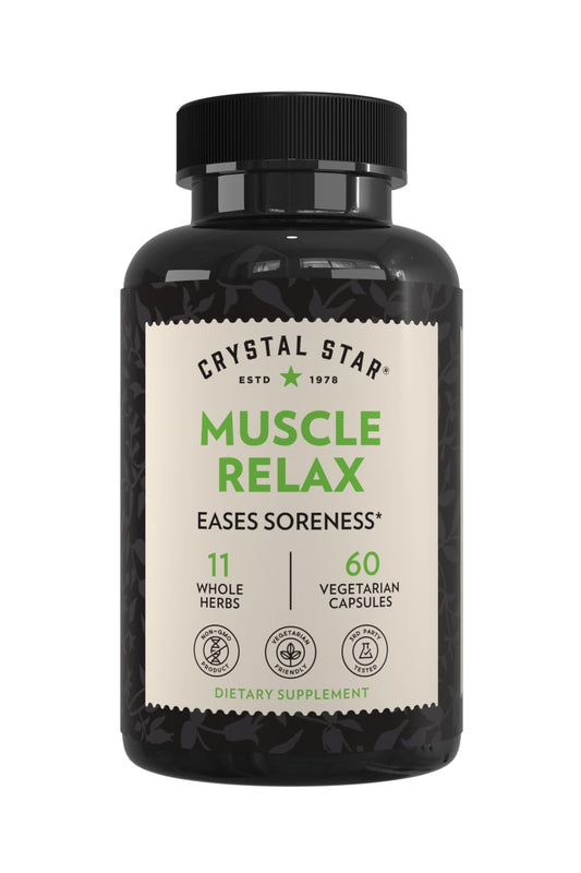 Crystal Star Muscle Relax (60 Capsules) – Herbal Relief from Sore Muscles, Cramps & Spasms – Valerian Root, Jamaica Dogwood & Cramp Bark - Non-GMO - Maple Wellness Supplements