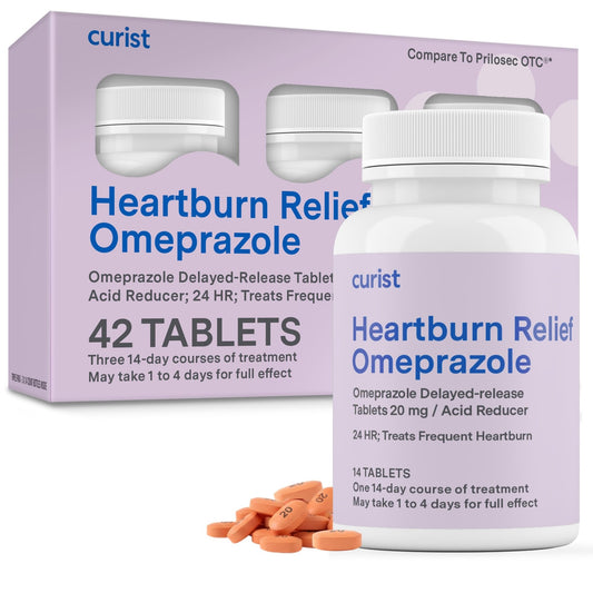 Curist Omeprazole 20mg Tablets - 42 Count Delayed-Release Tablets - Acid Reflux Medicine for Heartburn Relief - Maple Wellness Supplements