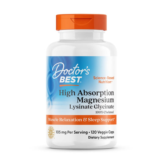 Doctor's Best High Absorption Magnesium Glycinate Lysinate Supplement for Sleep Support - Chelated Magnesium Capsules for Women & Men, 105 mg per Serving, Calm Support, Vegan - 120 Veg Caps - Maple Wellness Supplements
