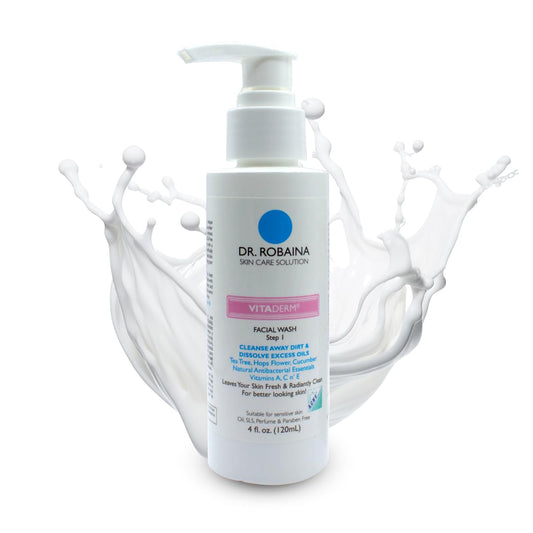 Dr. Robaina VITADERM™ Step 1 Facial Wash for Acne Reduction, Redness Relief & Gentle Daily Cleansing with Aloe Vera, Vitamins A, C & E. Suitable for Acne-Prone Skin, Made in the USA, 4 fl. oz - Maple Wellness Supplements