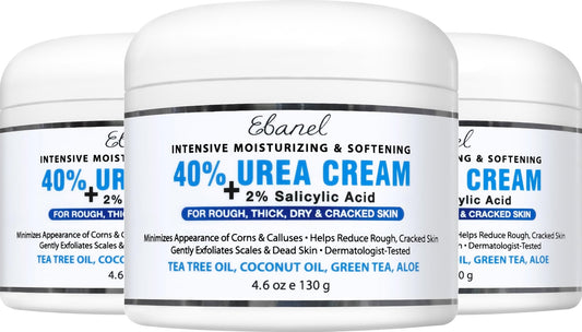 Ebanel Urea Cream 40% plus Salicylic Acid 2%, Foot Cream for Dry Cracked Heels Feet Knees Elbows Hands, Foot Dead Skin Cuticle Callus Remover Toenail Softener, Keratolytic Skin Barrier Repair, 3-Pack - Maple Wellness Supplements