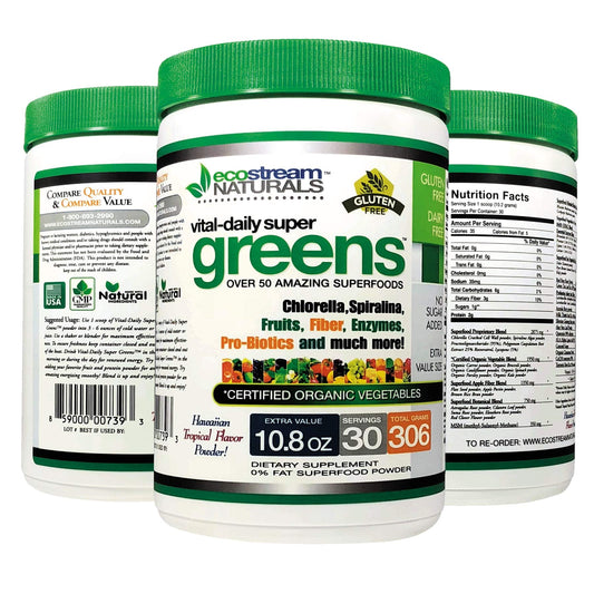 ecostream Naturals Vital First Daily Greens Superfood Powder 50 Whole Super Foods with Spirulina, Chlorella, Flax Seed, Fiber and Enzymes with Organic Greens - 30 Servings - Maple Wellness Supplements