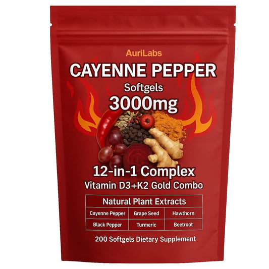 EILTEAU AuriLabs Cayenne Pepper Softgels Supplement, Supports Leg Vein, Heart and Blood Vessel Health, with Vitamin E D3+K2 and Extracts of Grape Seed, Hawthorn, Beetroot and Others (1) - Maple Wellness Supplements