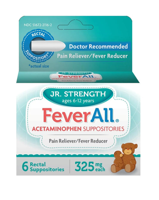 Feverall Children Acetaminophen Suppositories 6 Rectal Suppositories 325mg Each Pain Reliever/Fever Reducer. Paraben Free, No Artificial Colors or Other preservatives. Ages 6-12 Years - Maple Wellness Supplements