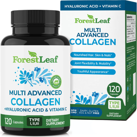 ForestLeaf Multi Collagen Pills with Hyaluronic Acid + Vitamin C | Hydrolyzed Collagen Supplements for Women or Men | Multi Collagen Capsules Peptides for Skin, Wrinkles, 120 Caps - Maple Wellness Supplements