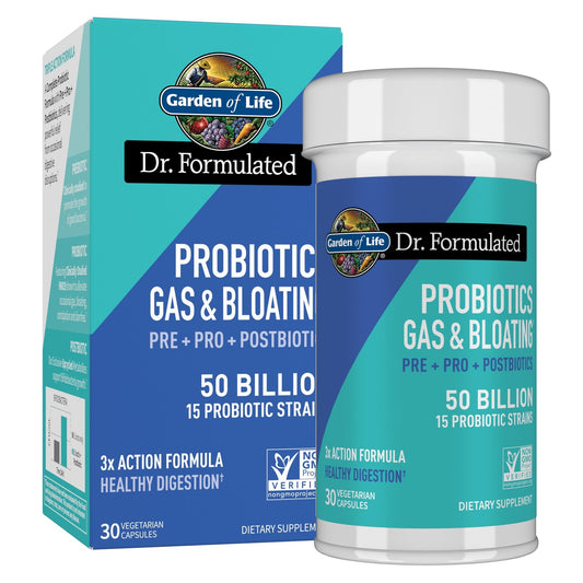 Garden of Life Dr. Formulated Pre, Post & Probiotics Gas & Bloating Once Daily 3-in-1 Complete Prebiotics, Postbiotics & Probiotics – 50 Billion CFU, Non-GMO, Gluten-Free, 30 Day Supply - Maple Wellness Supplements