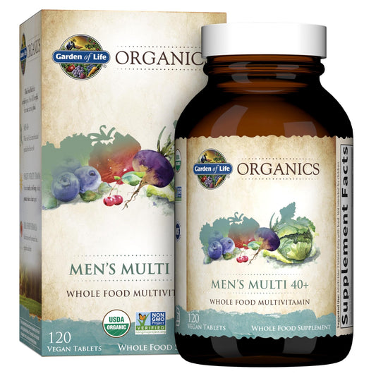 Garden of Life Organics Men's 40+ Multivitamin with Prostate Support, B12 & Vitamins – Vegan Daily Whole Food Multivitamin, Non-GMO, Certified Organic, 120 Tablets - Maple Wellness Supplements
