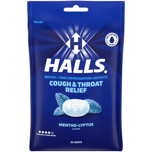 HALLS Cough and Throat Relief Mentho-Lyptus Cough Drops, 30 Drops - Maple Wellness Supplements