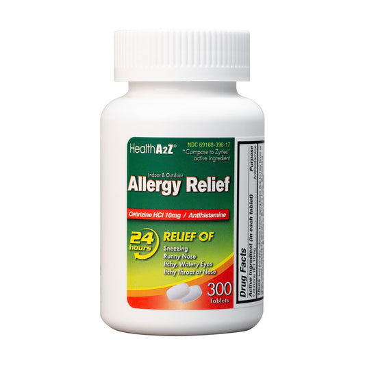 HealthA2Z® Allergy Relief, Cetirizine 10mg, Dye Free, All Day Allergy Relief, Indoor & Outdoor, Relief from Itchy Throat, Sneezing, Runny Noses, 300 Count (Pack of 1), - Maple Wellness Supplements