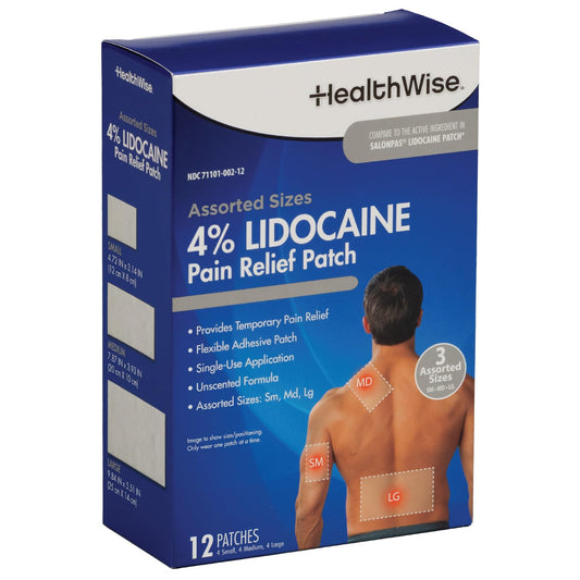 HealthWise Lidocaine Pain Patch | 4% OTC Lidocaine | 12-Count Assorted Sizes | Paraben-Free Formula | Temporarily Soothes Minor Aches and Pains | Unscented | Flexible Application - Maple Wellness Supplements