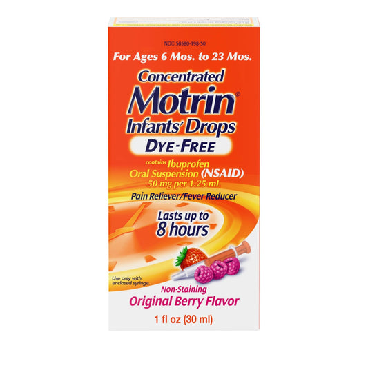 Infants’ Motrin Infant Ibuprofen Oral Suspension Concentrated Drops, NSAID Fever Reducer & Pain Reliever for Babies, Dye Free, Alcohol-Free, Berry Flavor, Includes Enclosed Syringe, 1 fl. oz - Maple Wellness Supplements