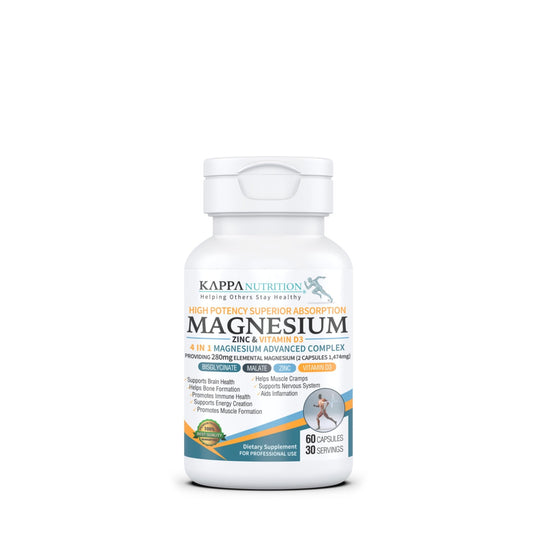 Kappa Nutrition Magnesium 4-in-1, 280mg Elemental Magnesium (Bisglycinate, Malate) + Zinc & Vitamin D3, Brain, Sleep, Energy, Muscle, Immune Support, 60 Vegan Capsules. - Maple Wellness Supplements