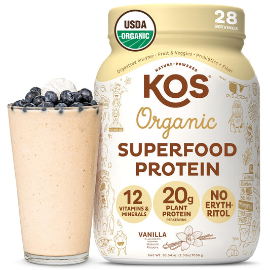 KOS Vegan Protein Powder Erythritol Free, Vanilla USDA Organic - Pea Protein Blend, Plant Based Superfood Rich in Vitamins & Minerals - Keto, Dairy Free - Meal Replacement for Women & Men, 28 Servings - Maple Wellness Supplements