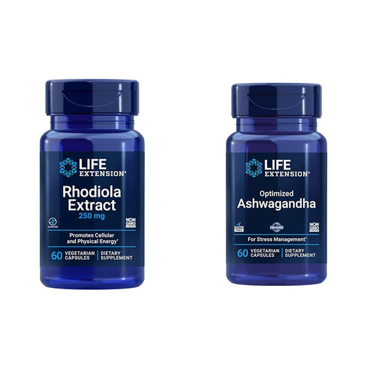 Life Extension Rhodiola and Ashwagandha Extract Bundle, Rhodiola rosea and ashwagandha Supplements, 60 Capsules Each - Maple Wellness Supplements