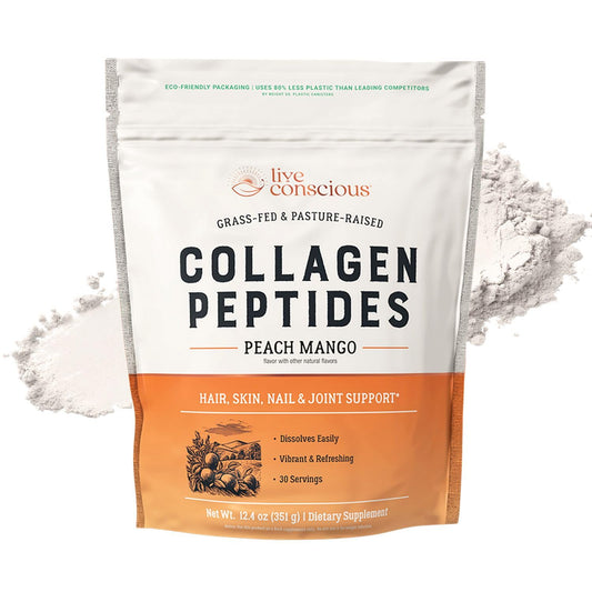 Live Conscious Collagen Peptides Powder - Peach Mango Flavored Collagen Powder - Hair, Skin, Nail, & Joint Support - Type I & III Grass-Fed Collagen Supplements - Maple Wellness Supplements