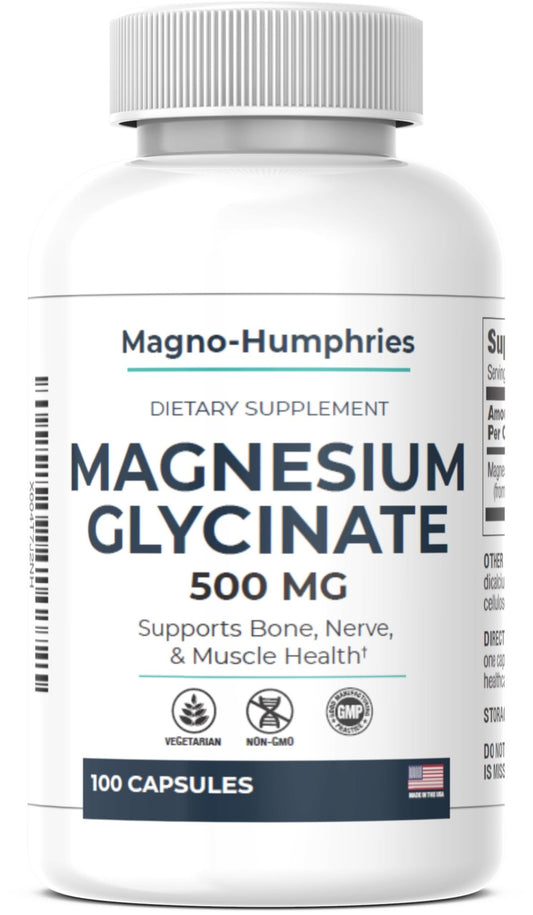 Magno-Humphries Magnesium Glycinate 500 mg - 100 Capsules | Gentle Chelated Form | Muscle, Nerve & Bone Support | Dietary Supplement | GMP Manufactured in The USA - Maple Wellness Supplements