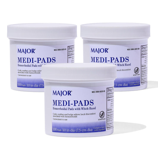 MAJOR Medi-Pads - Hemorrhoidal Hygienic Cleansing Witch Hazel Pads - Cooling Relief with Aloe - 100 Count Jar (3 Pack) - Maple Wellness Supplements