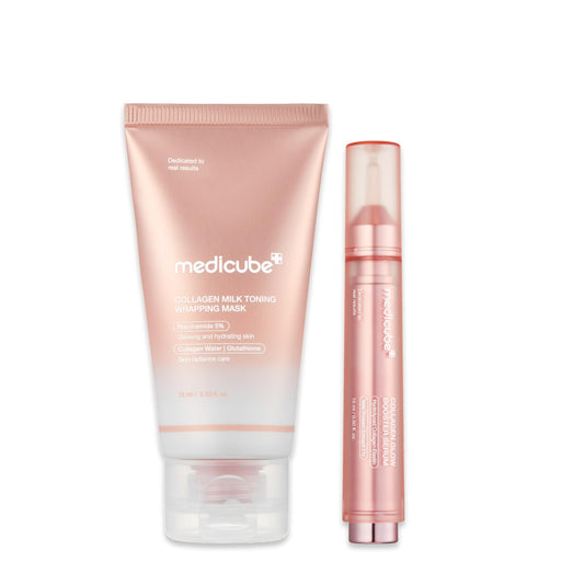 medicube Milky Collagen Double Glow Lock Duo: Collagen Glazed Milky Wrapping Mask and Booster Serum | 130DaCollagen, Niacinamide, Glutathione for Plumped, Radiant Glass Skin - Maple Wellness Supplements