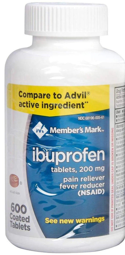 Member's Mark Ibuprofen Coated Tablets 200mg Pain Reliever Fever Reducer, 1 Bottle, 600 Tablets - Maple Wellness Supplements