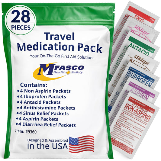 MFASCO - 7 in 1 - Travel Size Medicine Kit - TSA Approved | 28 First Aid Emergency OTC Medicine Packets for Cruise & International Travel | Compact Med Refill for Traveling & Office Assembled in USA - Maple Wellness Supplements
