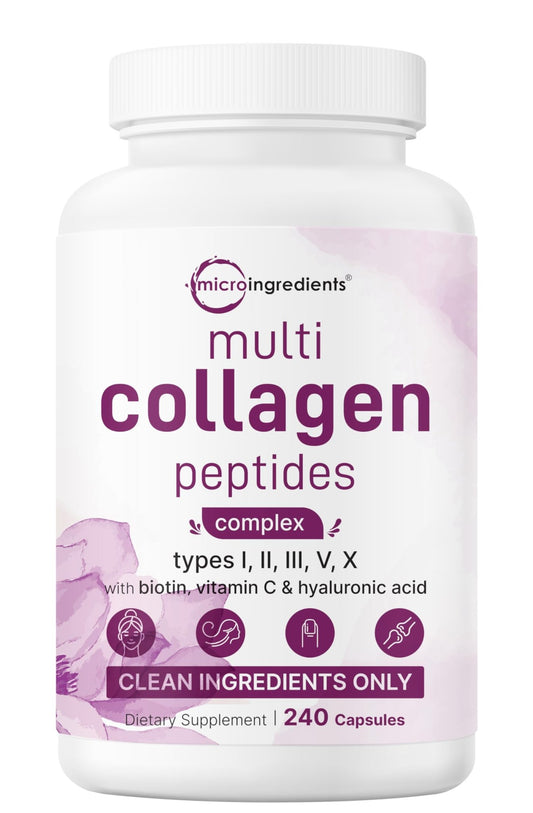 Micro Ingredients Multi Collagen Pills for Women & Men, 240 Capsules | Type I, II, III, V, X | Hydrolyzed Peptides with Biotin, Hyaluronic Acid - Maple Wellness Supplements