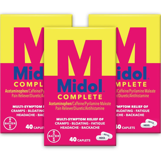 Midol Complete Menstrual Pain Relief Caplets with Acetaminophen for Period Cramps, and Menstrual Symptom Relief - 40 Count (Pack of 3) (Packaging May Vary) - Maple Wellness Supplements
