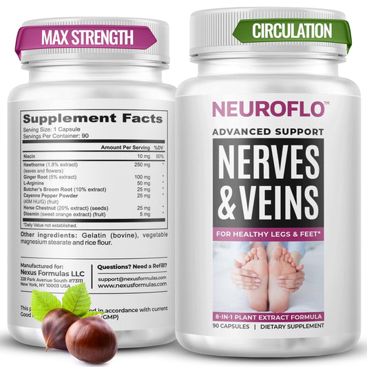 Mizzle Leg Circulation Supplement - Supports Nerves, Veins with 1470mg, 8 in 1 Capsule of Chestnut, Diosmin, Hawthorn for Maximum Relief in Toes, Feet, Ankles, Calves, Legs - Neuroflo - Maple Wellness Supplements