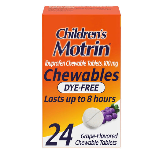 Motrin Children's Dye-Free Chewable Tablets with Ibuprofen, Kids' Fever Reducer & Pain Reliever for Sore Throat, Fever, Toothache & Pain Relief, Grape Flavor, 24 Ct - Maple Wellness Supplements