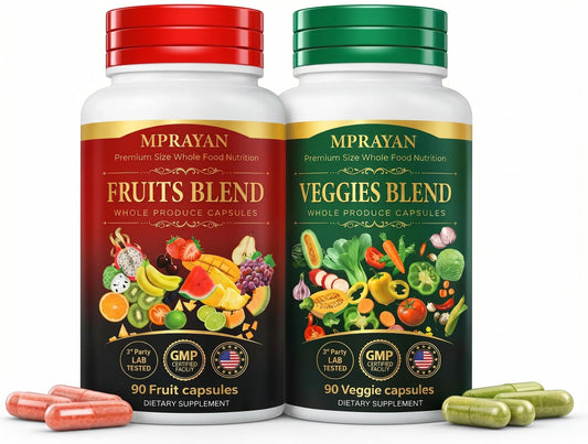 MPRAYAN Fruits and Veggies Capsules - 90 Fruits + 90 Veggies - Whole Food Superfood Supplement - Daily Greens Vitamins & Minerals - Plant Based Nutrition - Vegan Non-GMO - 180 Capsules - Maple Wellness Supplements