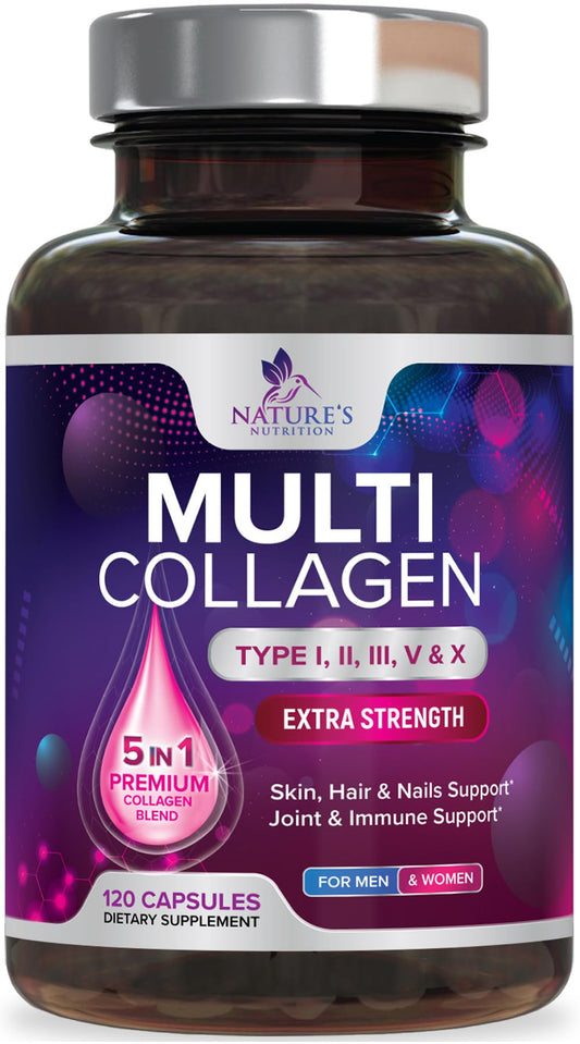 Multi Collagen Pills - Multi Collagen Complex 2400 mg Per Serving - Types I, II, III, V, X - Hydrolyzed Collagen Peptides Supplement - Hair, Skin & Nail Support - Bottled in the USA - 120 Capsules - Maple Wellness Supplements