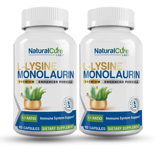 Natural Cure Labs L-Lysine with Monolaurin 600mg 1:1 Ratio, 2 Pack, 200 Capsules - Maple Wellness Supplements