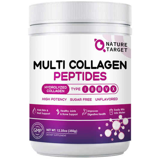 NATURE TARGET Multi Collagen Peptides Powder - Type I, II, III, V, X - Hydrolyzed Collagen Peptides with Vitamin C Hyaluronic Acid, Supports Skin Hair Nail & Joint, Grass-Fed, Non-GMO, 35 Servings - Maple Wellness Supplements