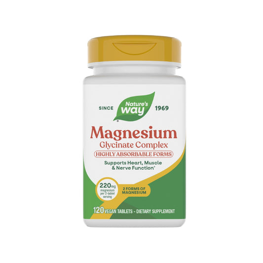 Nature's Way Magnesium Glycinate Complex, Supports Heart, Muscle, Nerve Function*, Highly Absorbable, 220 mg per 2-Tablet Serving, No Gluten, Vegan, 120 Tablets - Maple Wellness Supplements