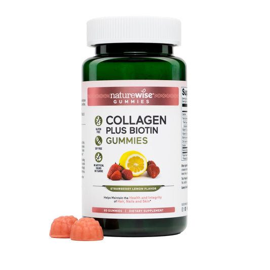NatureWise Collagen Gummies - Hydrolyzed Collagen Gummies - Type 1 & 3 Peptides for Women + Biotin, Vitamin C, E, & Zinc for Hair Skin and Nails Support - 60 Count[1-Month Supply] - Maple Wellness Supplements