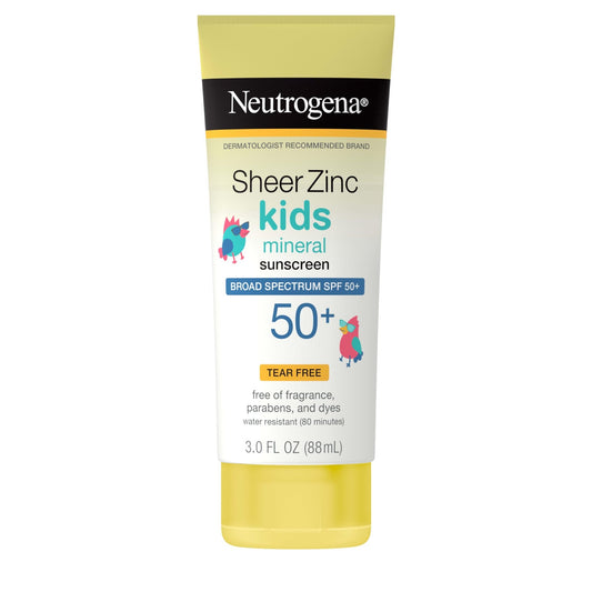 Neutrogena Sheer Zinc Oxide Kids Mineral Sunscreen Lotion, Broad Spectrum SPF 50+ with UVA/UVB Protection, Water-Resistant for 80 Minutes, Paraben-, Dye-, Fragrance- & Tear Free, 3 fl. oz - Maple Wellness Supplements