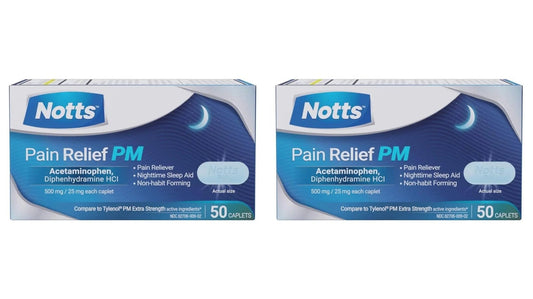 NOTTS PM Extra Strength Pain Relief & Sleep Aid, 500mg Acetaminophen & 25mg Diphenhydramine HCl, 50 Caplets for Nighttime Aches, Headaches & Body Pain, Non-Habit Forming (Pack of 2) - Maple Wellness Supplements