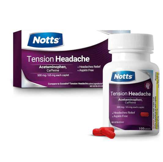 NOTTS Tension Headache Relief Without Aspirin for Head, Neck & Shoulder Pain - 100 Count, Acetaminophen 500 mg Caffeine 65 mg Caplets, for Aches Caused by Tension and Stress. Headache Relief caplets - Maple Wellness Supplements