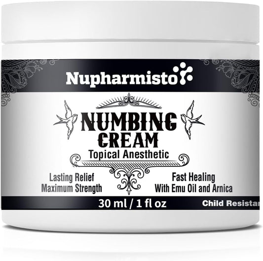Nupharmisto Numbing Cream Maximum Strength : Long Lasting Numbing Cream with 5X Numbing - Emu Oil and Arnica 30 ml / 1 fl oz - Maple Wellness Supplements