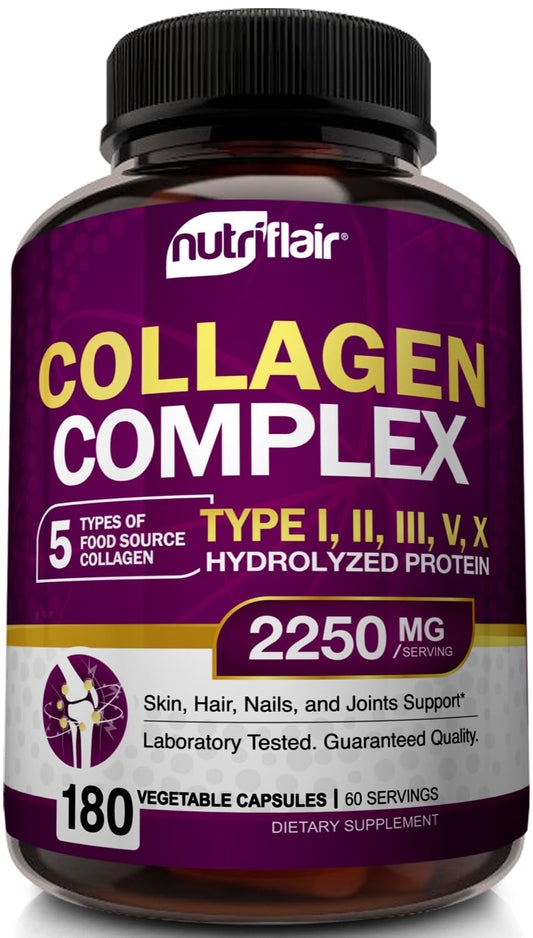 NutriFlair Multi Collagen Peptides 2250mg - Type I, II, III, V, X - Collagen Supplements Complex Powder Pills for Women and Men - Hydrolyzed Protein, Healthy Hair, Skin, Nails - Non-GMO (180 Capsules) - Maple Wellness Supplements